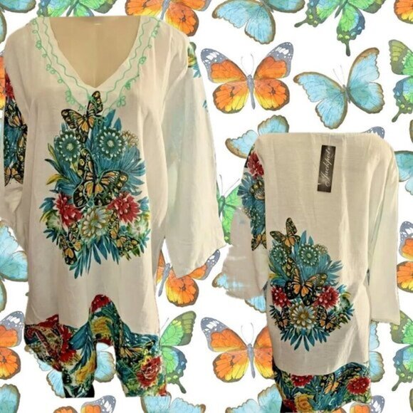 Jackpot Plus XXL White Multi Butterfly Floral V-Neck Cotton 3/4 Sleeve Tunic Top - Picture 1 of 5